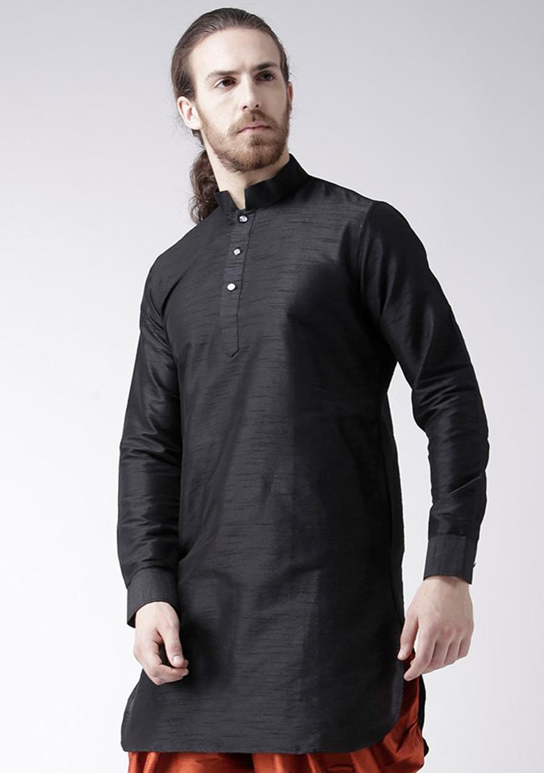 Black Traditional Dupion Silk Kurta Set For Men - Indya