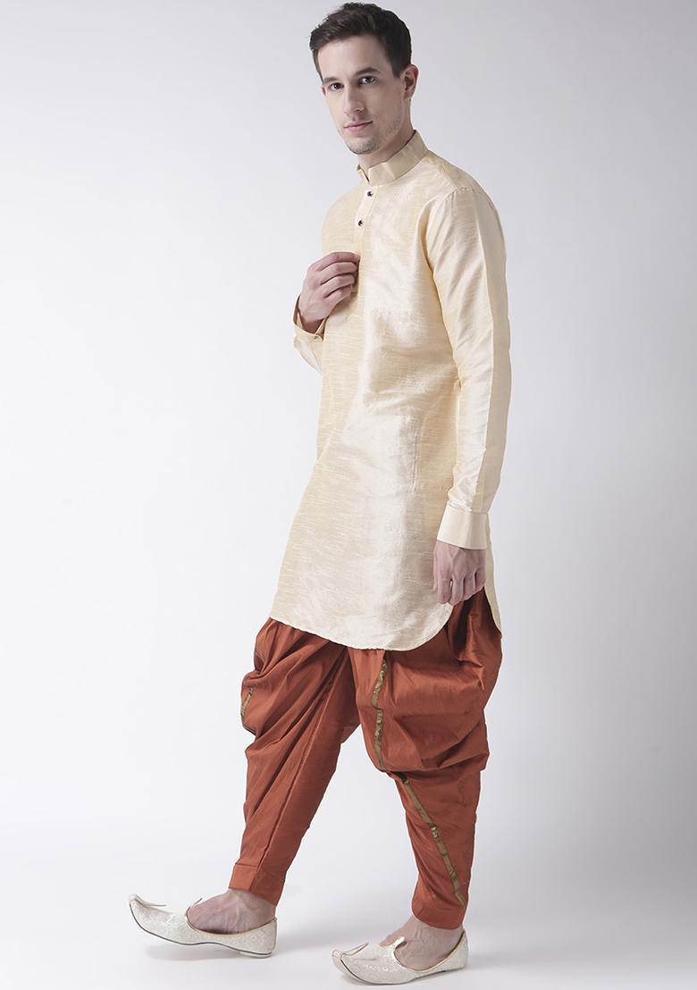 Cream Traditional Dupion Silk Kurta Set For Men - Indya
