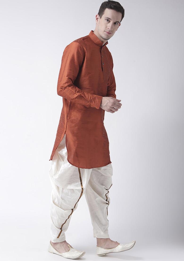 Rust Orange Traditional Dupion Silk Kurta Set For Men - Indya