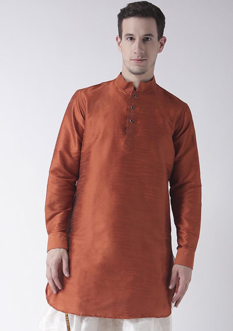 Rust Orange Traditional Dupion Silk Kurta Set For Men - Indya
