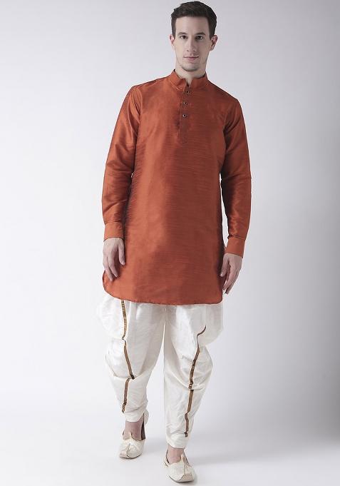 Rust Orange Traditional Dupion Silk Blend Kurta Set For Men