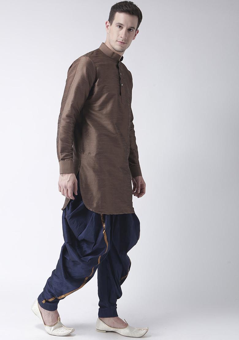 Brown Traditional Dupion Silk Kurta Set For Men - Indya