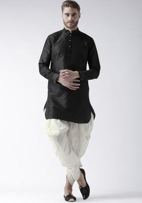 Black Traditional Dupion Silk Kurta Set For Men