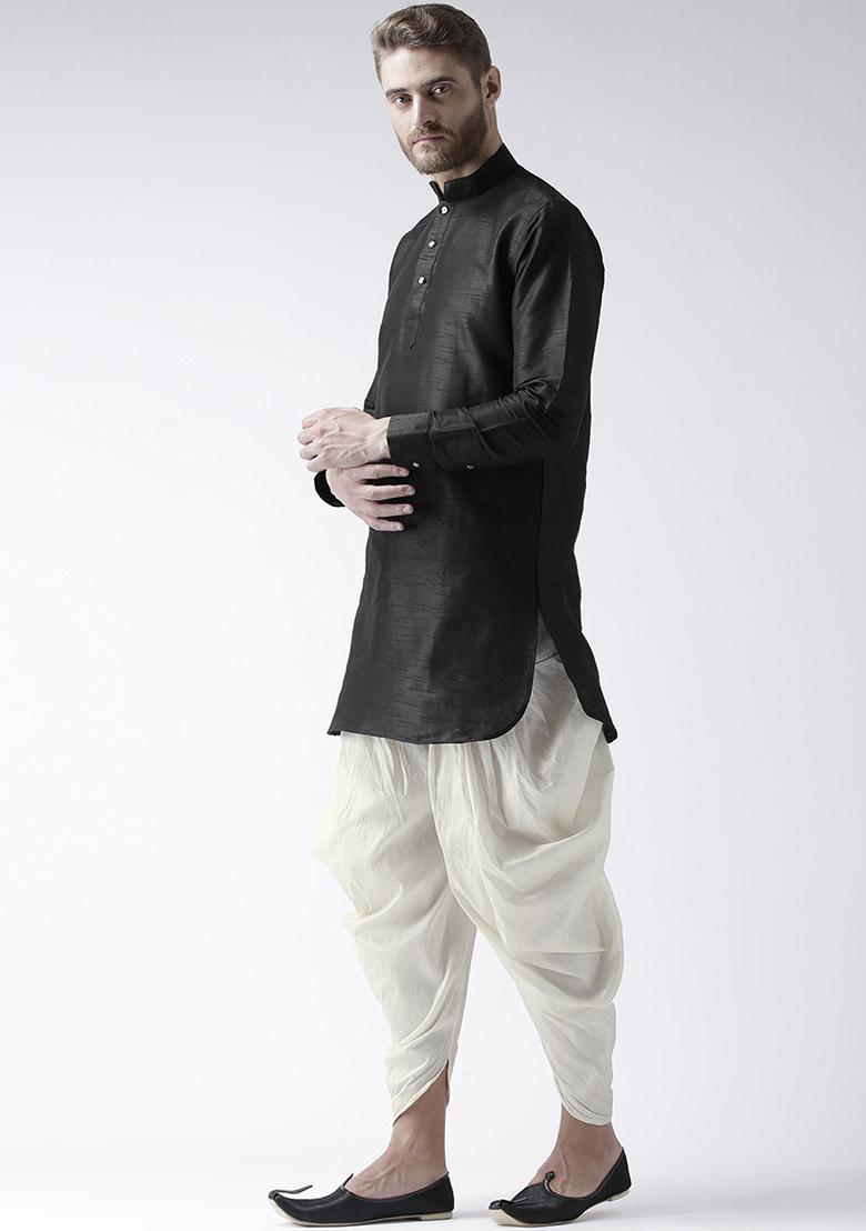 Black Traditional Dupion Silk Kurta Set For Men - Indya