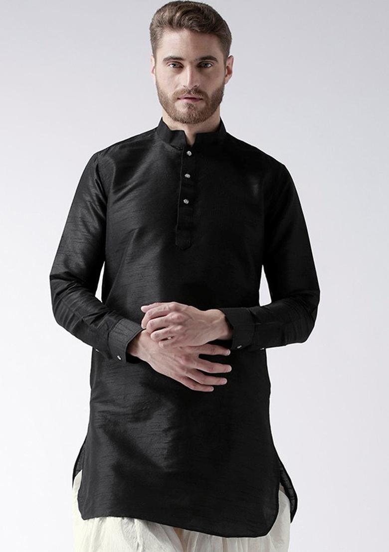 Black Traditional Dupion Silk Kurta Set For Men - Indya