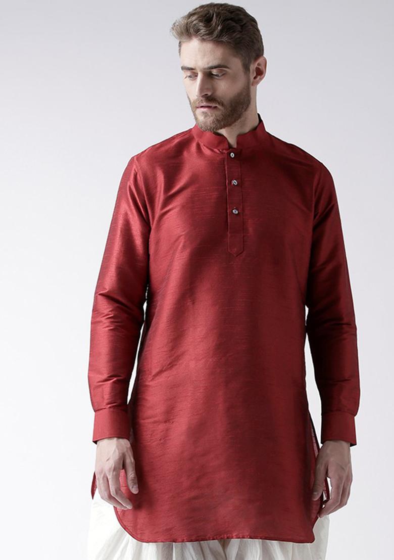 Maroon Traditional Dupion Silk Kurta Set For Men - Indya