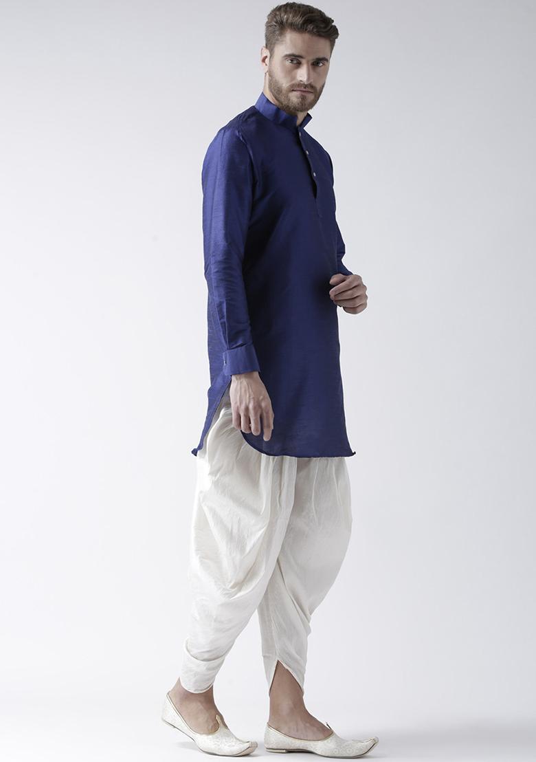 Royal Blue Traditional Dupion Silk Kurta Set For Men - Indya