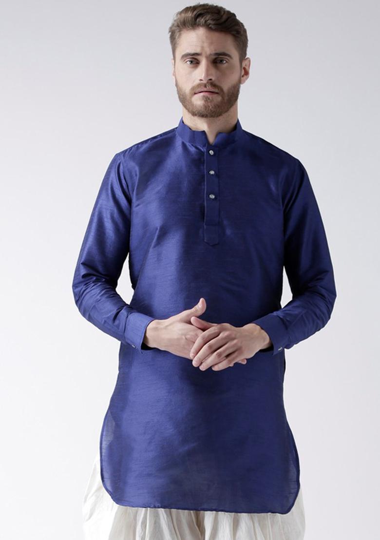 Royal Blue Traditional Dupion Silk Kurta Set For Men - Indya