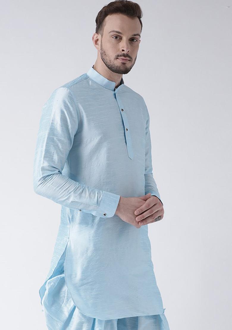 Lt -Aqua Blue Traditional Dupion Silk Kurta Set For Men - Indya