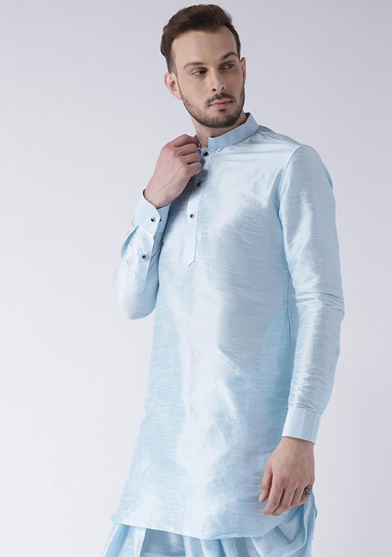 Lt -Aqua Blue Traditional Dupion Silk Kurta Set For Men - Indya