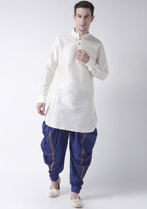White Traditional Dupion Silk Blend Kurta For Men