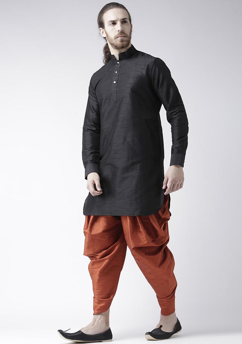 Black Traditional Dupion Silk Kurta For Men - Indya