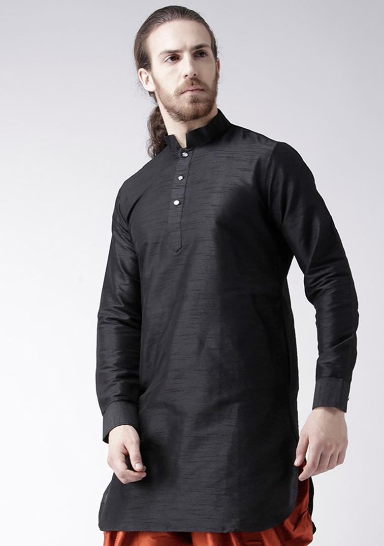 Black Traditional Dupion Silk Kurta For Men - Indya