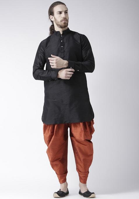 Black Traditional Dupion Silk Kurta For Men