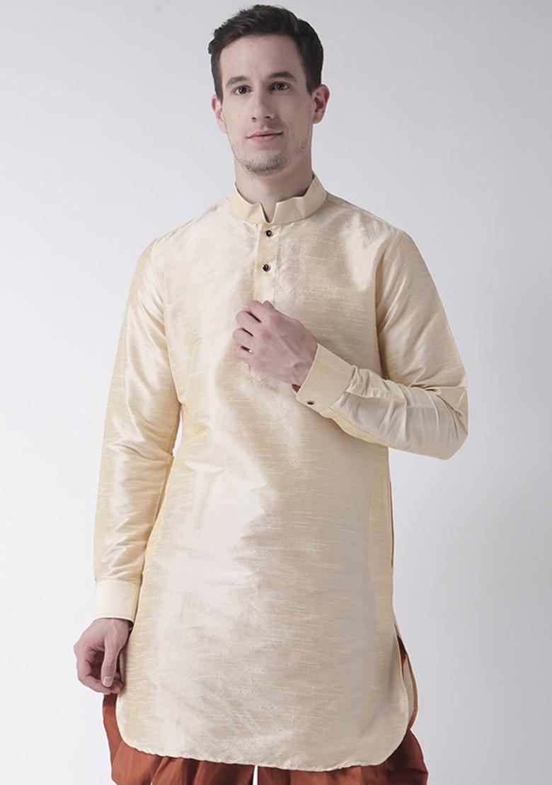 Cream Traditional Dupion Silk Kurta For Men - Indya