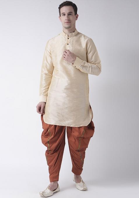 Cream Traditional Dupion Silk Kurta For Men