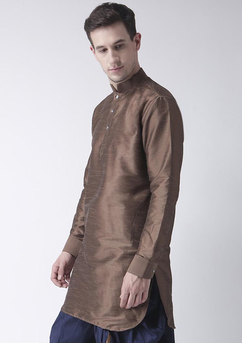 Brown Traditional Dupion Silk Kurta For Men - Indya