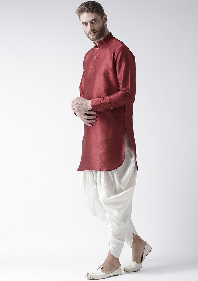 Maroon Traditional Dupion Silk Kurta For Men - Indya