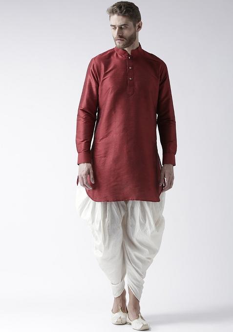 Maroon Traditional Dupion Silk Kurta For Men