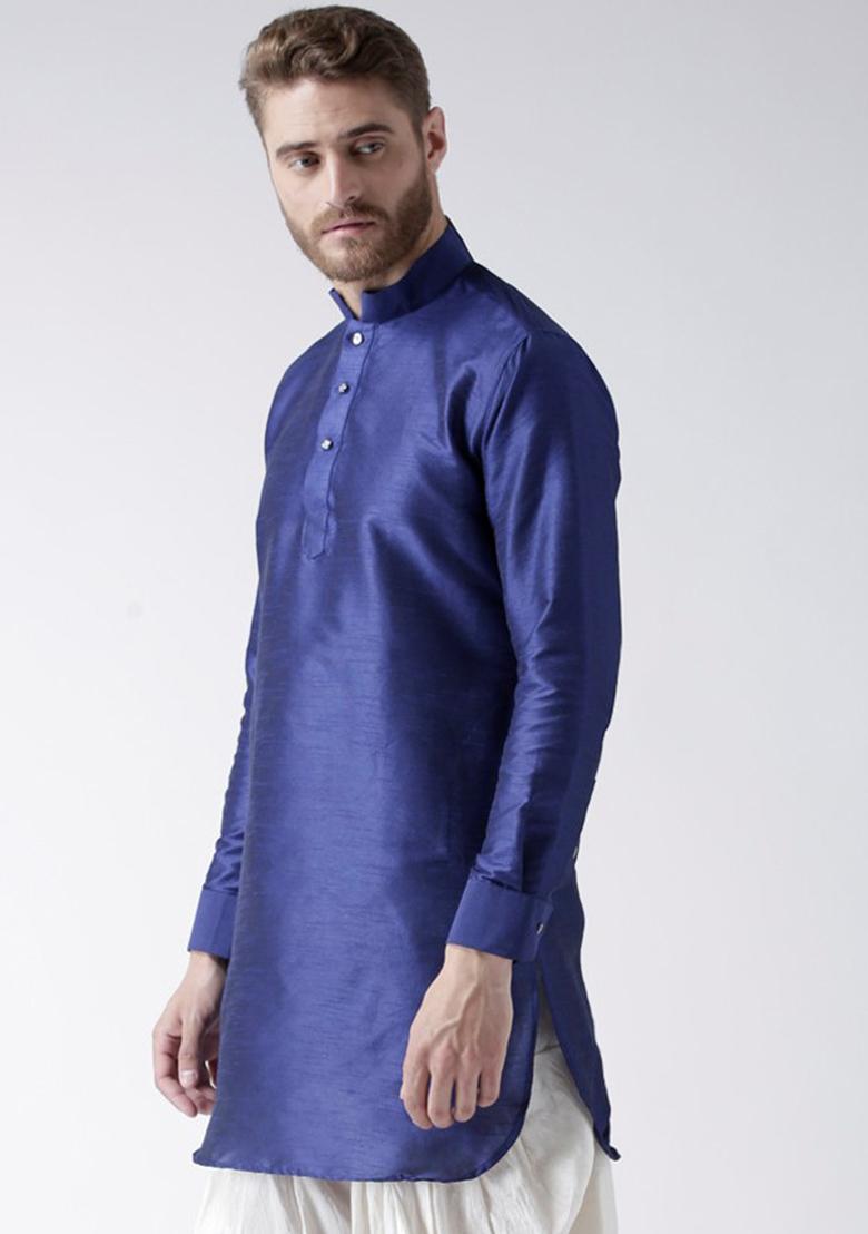 Royal Blue Traditional Dupion Silk Kurta For Men - Indya