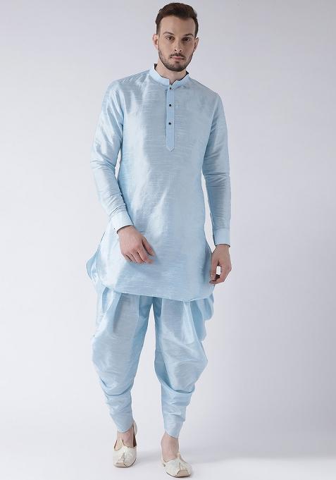 Lt -Aqua Blue Traditional Dupion Silk Kurta For Men