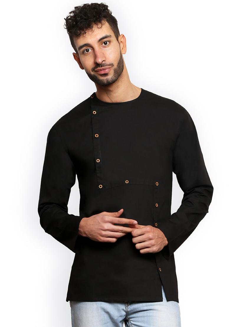 Black Traditional Cotton Blend Kurta For Men - Indya