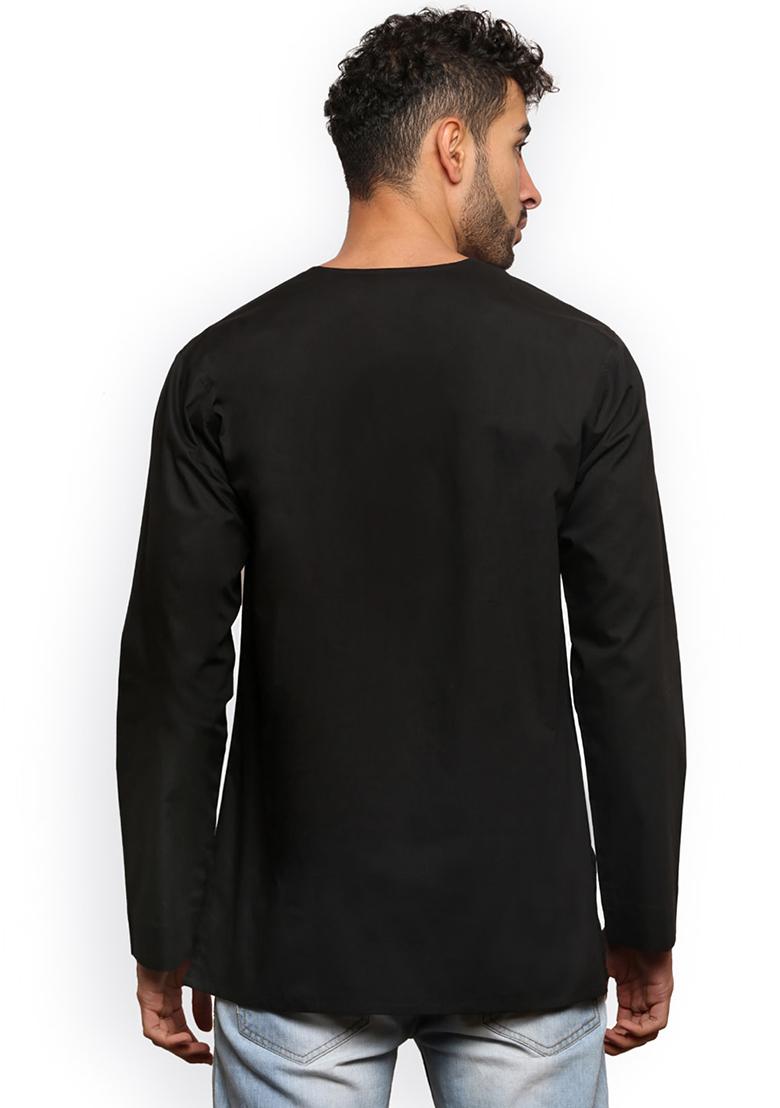 Black Traditional Cotton Blend Kurta For Men - Indya
