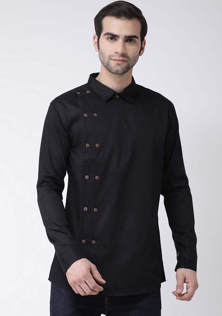 Black Traditional Cotton Blend Kurta For Men - Indya