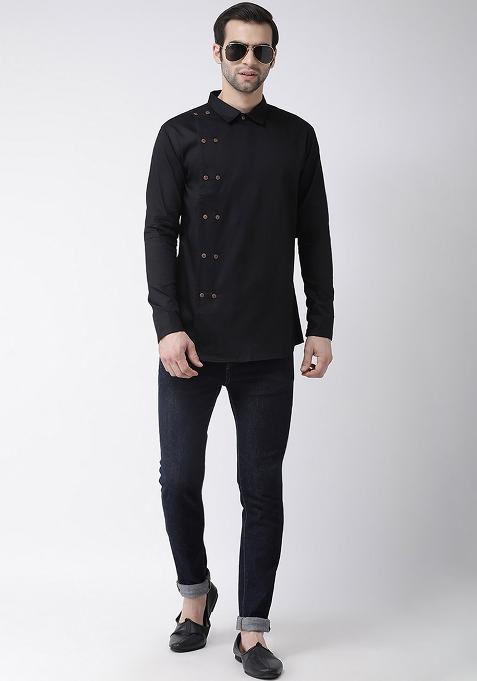 Black Traditional Cotton Blend Kurta For Men