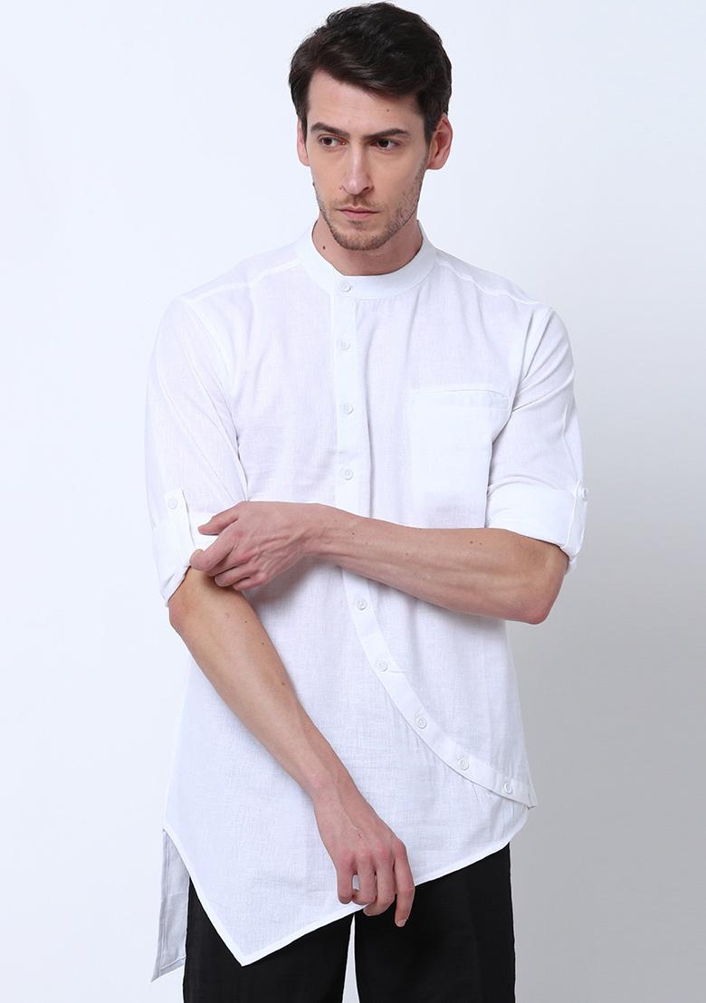 White Traditional Cotton Blend Kurta For Men - Indya
