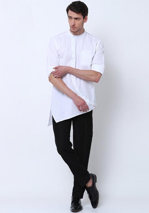 White Traditional Cotton Blend Kurta For Men