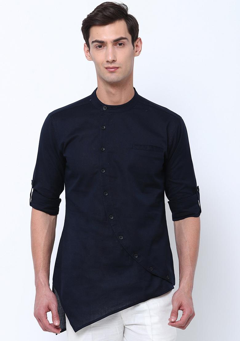 Black Traditional Cotton Blend Kurta For Men - Indya