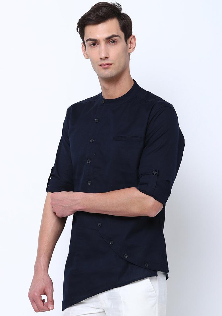 Black Traditional Cotton Blend Kurta For Men - Indya