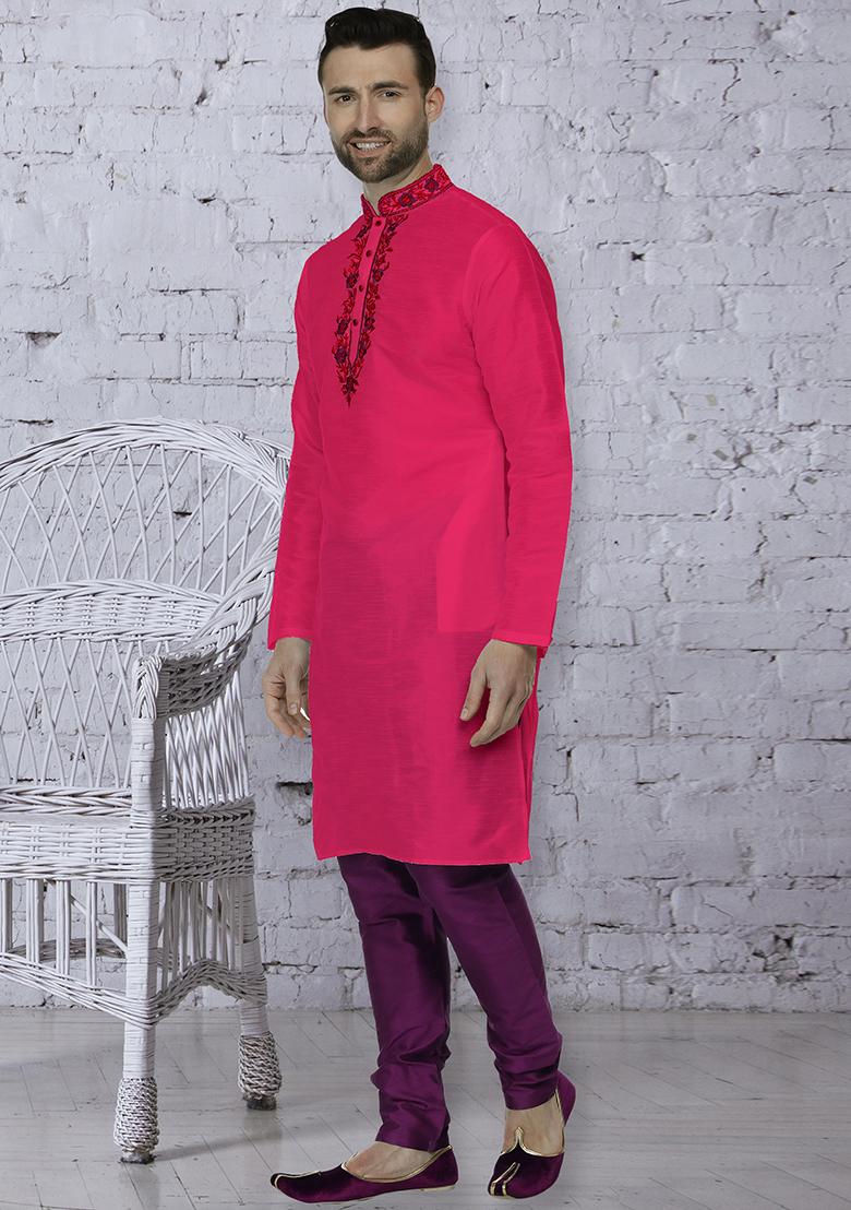 Dark Pink Traditional Dupion Silk Kurta For Men - Indya