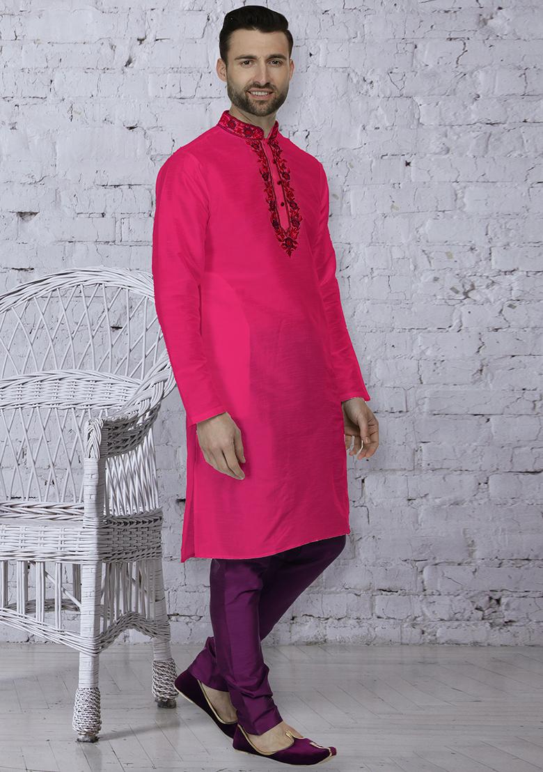 Dark Pink Traditional Dupion Silk Kurta For Men - Indya