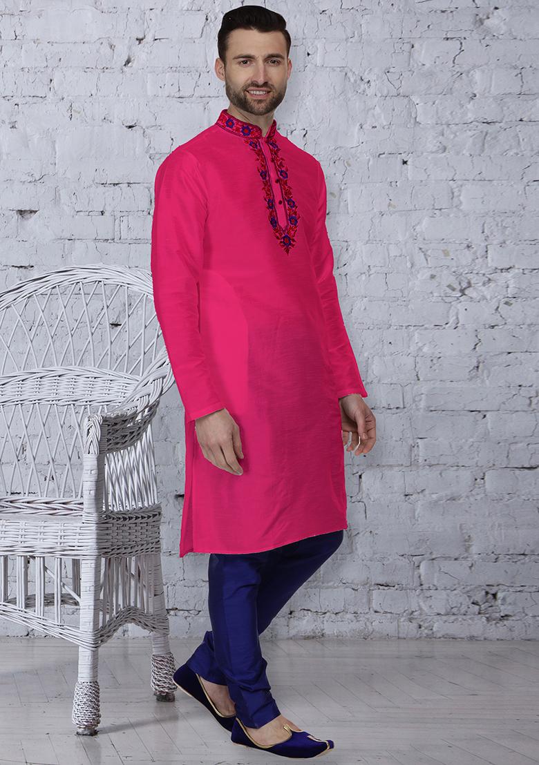 Dark Pink Traditional Dupion Silk Kurta For Men - Indya