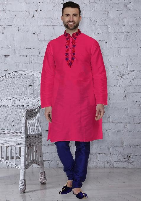 Dark Pink Traditional Dupion Silk Kurta For Men
