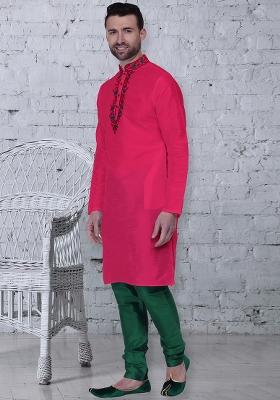 Dark Pink Traditional Dupion Silk Kurta For Men