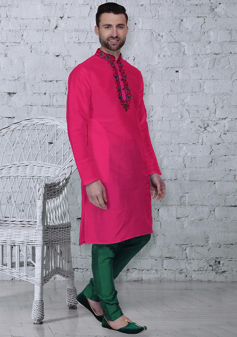 Dark Pink Traditional Dupion Silk Kurta For Men - Indya