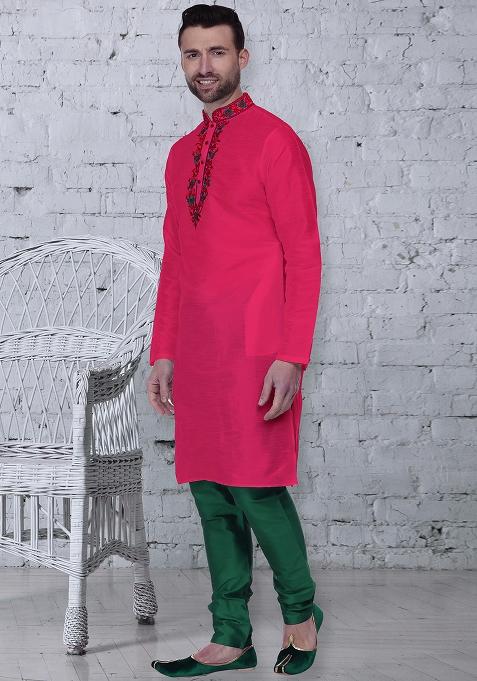 Dark Pink Traditional Dupion Silk Kurta For Men
