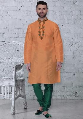 Orange Traditional Dupion Silk Kurta For Men
