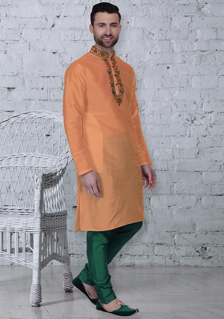 Orange Traditional Dupion Silk Kurta For Men - Indya