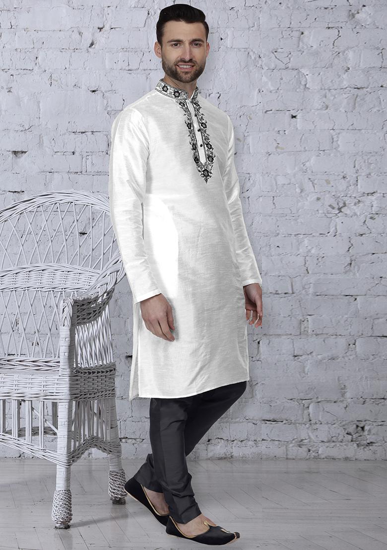 White Traditional Dupion Silk Kurta For Men - Indya
