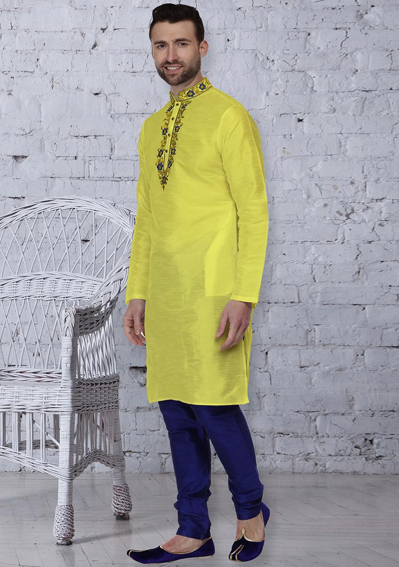 Yellow Traditional Dupion Silk Kurta For Men - Indya