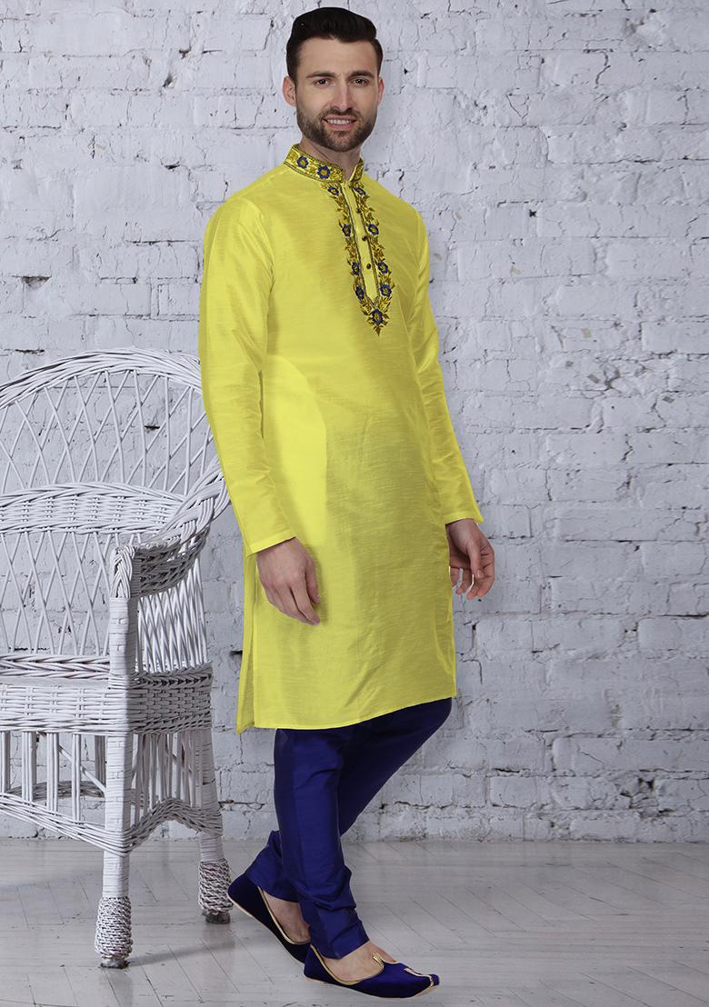 Yellow Traditional Dupion Silk Kurta For Men - Indya