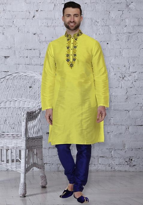 Yellow Traditional Dupion Silk Kurta For Men