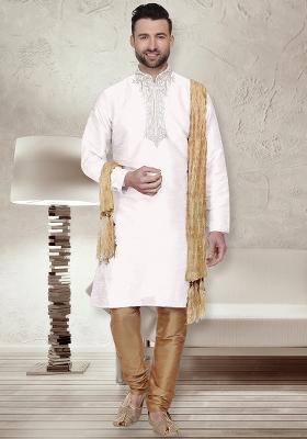 White Traditional Dupion Silk Kurta For Men