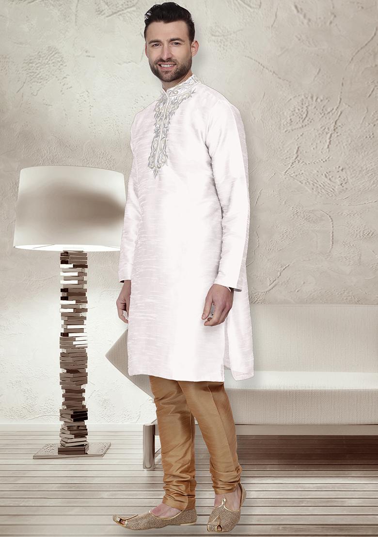 White Traditional Dupion Silk Kurta For Men - Indya