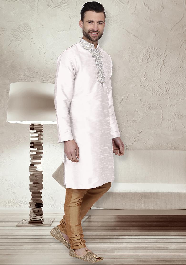 White Traditional Dupion Silk Kurta For Men - Indya