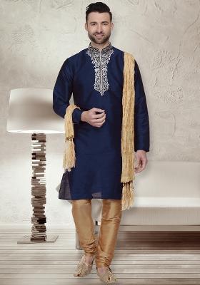 Navy Blue Traditional Dupion Silk Kurta For Men
